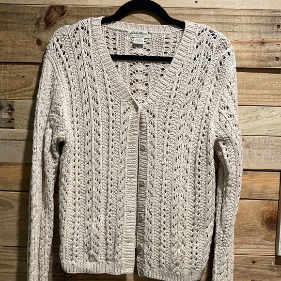 EddieBauer Oatmeal Chunky Button Up Shawl Sweater - Picture 2 of 6
